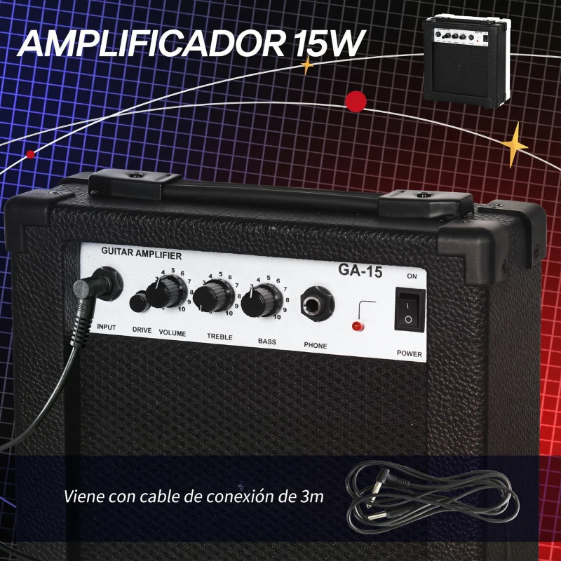 SPORTNOW Kit Guitarra Eléctrica de Iniciación con Amplificador 15W Afinador Digital Cuerdas Correa 3 Púas y Funda Negro