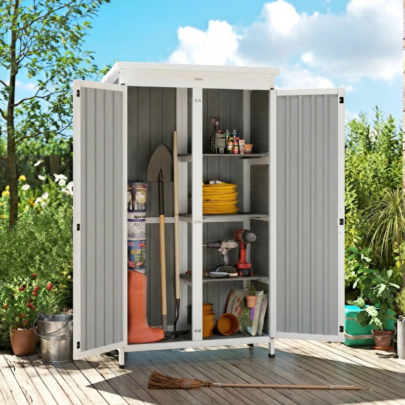 Outsunny Armadio da Giardino con Ripiani Rimovibili e Porta Bloccabile, in Legno e Acciaio, 94x43x166 cm, Bianco e Nero
