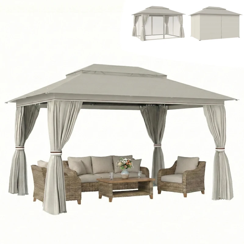 Outsunny 3 x 4 m Outdoor Garden Gazebo with Netting and Curtains, UPF50+ Patio Gazebo Permanent Pavilion Canopy, Beige