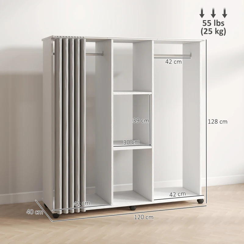 HOMCOM Armadio Appendiabiti Mobile Contenitore con 6 Ruote, in Legno, 120x40x128 cm, Bianco