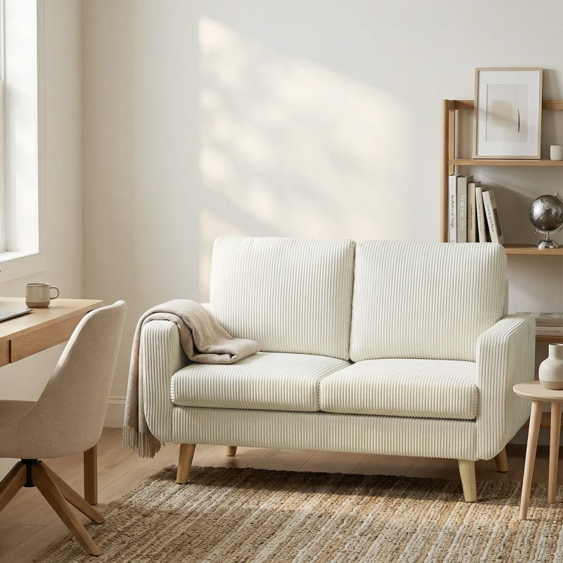 HOMCOM Sofá 2 lugares em veludo cotelê, sofá de sala moderno 134 cm, assento estofado, almofada com molas, creme