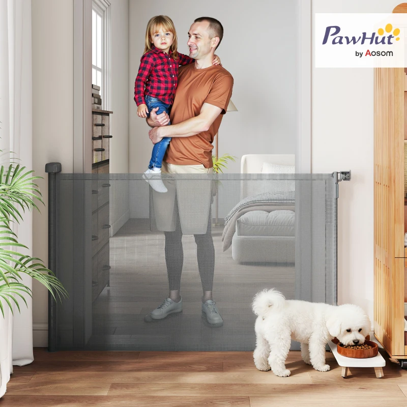 PawHut Barieră de siguranță pentru câini retractabilă extensibilă până la 140 cm lățime pentru scări și uși gri