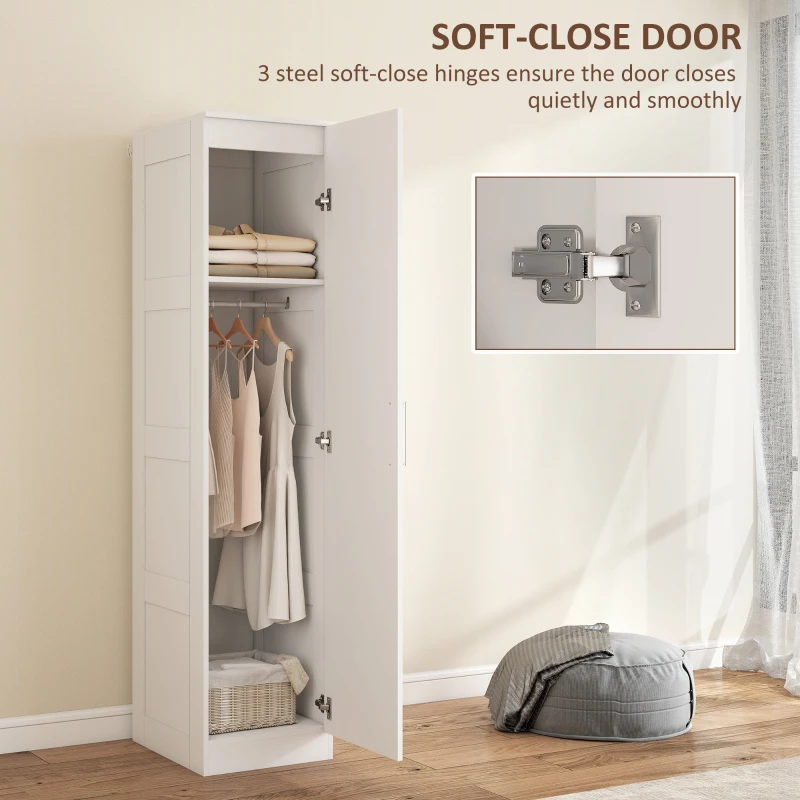 HOMCOM Single Bedroom Wardrobe with Shelf and Hanging Rail, Modern Clothes Storage Cupboard with Soft-Close Door for Bedroom, White