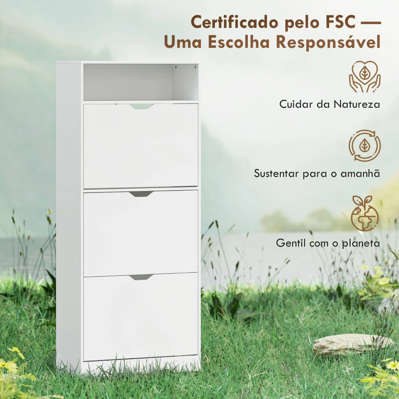 HOMCOM Sapateira Estreita com 3 Gavetas Rebatíveis Prateleiras Ajustáveis e Compartimento Aberto Capacidade para 12-18 Pares Branco