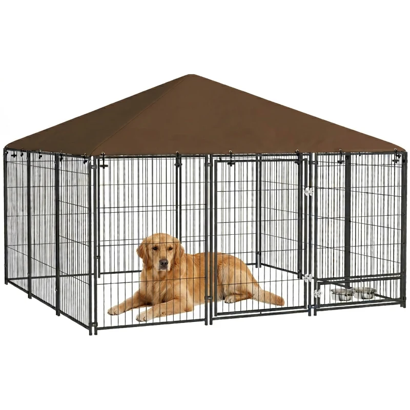 PawHut Recinto per Cani in Metallo e Tessuto Oxford con Porticina per Ciotole, 211x211x151 cm, Nero e Marrone