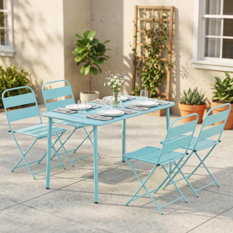 Outsunny Set de masă pentru exterior 5 piese, set de grădină pentru 4 persoane cu blat cu șipci și scaune pliante, Verde deschis
