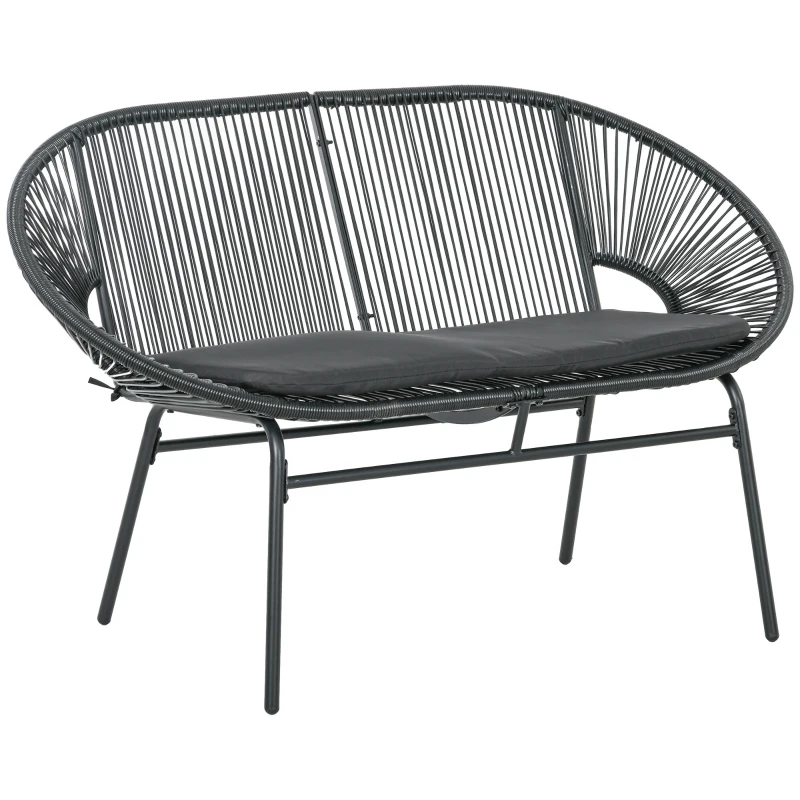 Outsunny Canapé de Jardin 2 Places en rotin PE et Acier avec Coussins et Accoudoirs, 132x72x83 cm, Nero