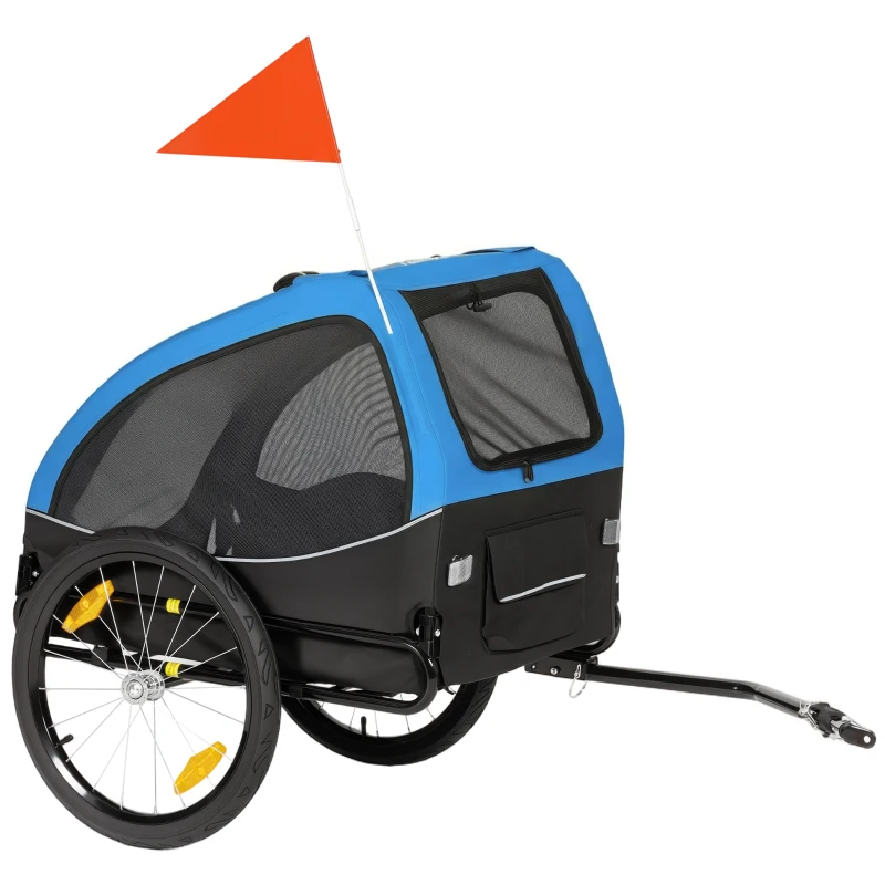 PawHut Remorque pliable pour chien avec réflecteurs Mesh-Fenster roues porte drapeau de sécurité pour chiens jusqu'à 20 kg 138x70x89 cm Bleu