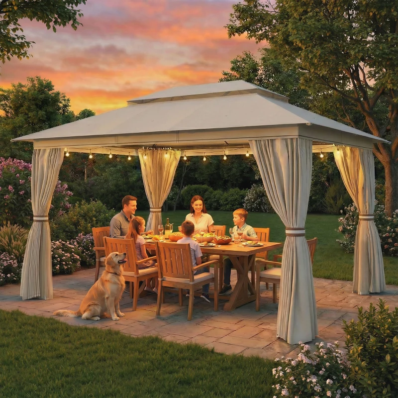 Outsunny 3 x 4 m Outdoor Garden Gazebo with Netting and Curtains, UPF50+ Patio Gazebo Permanent Pavilion Canopy, Beige