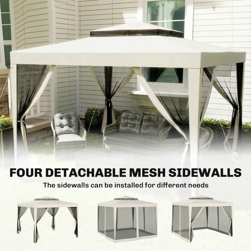 Outsunny 3 x 3 m Gazebo, Netting Party Tent, Patio Canopy Outdoor Event Shelter with Double Tier Roof, Cream White