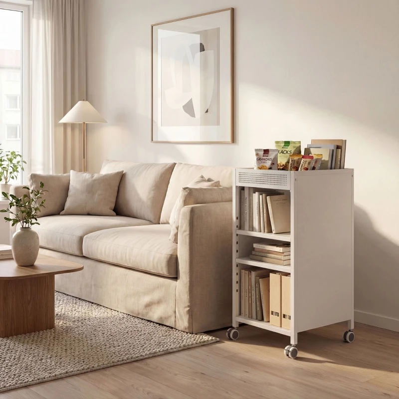 HOMCOM Étagère mobile avec étagères réglables, chariot 3 niveaux avec panier supérieur, blanc