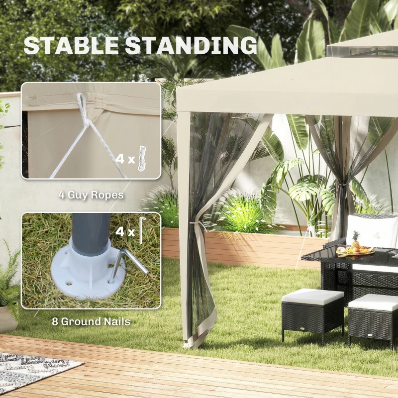 Outsunny 3 x 3 m Gazebo, Netting Party Tent, Patio Canopy Outdoor Event Shelter with Double Tier Roof, Beige