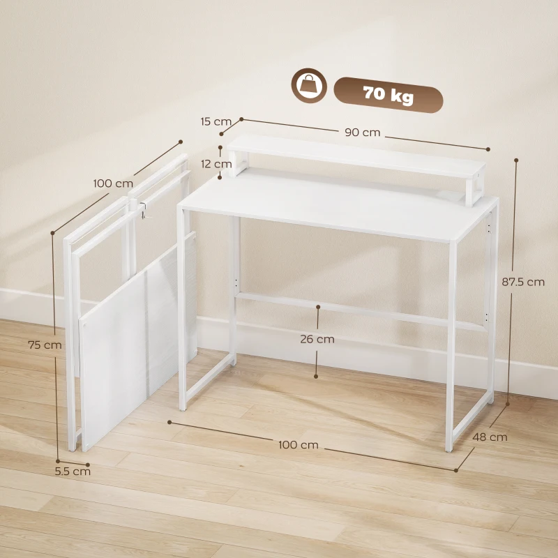 HOMCOM Scrivania Pieghevole Tavolo per Computer con Supporto per Monitor, per Studio, 100x48x87,5 cm, Bianco