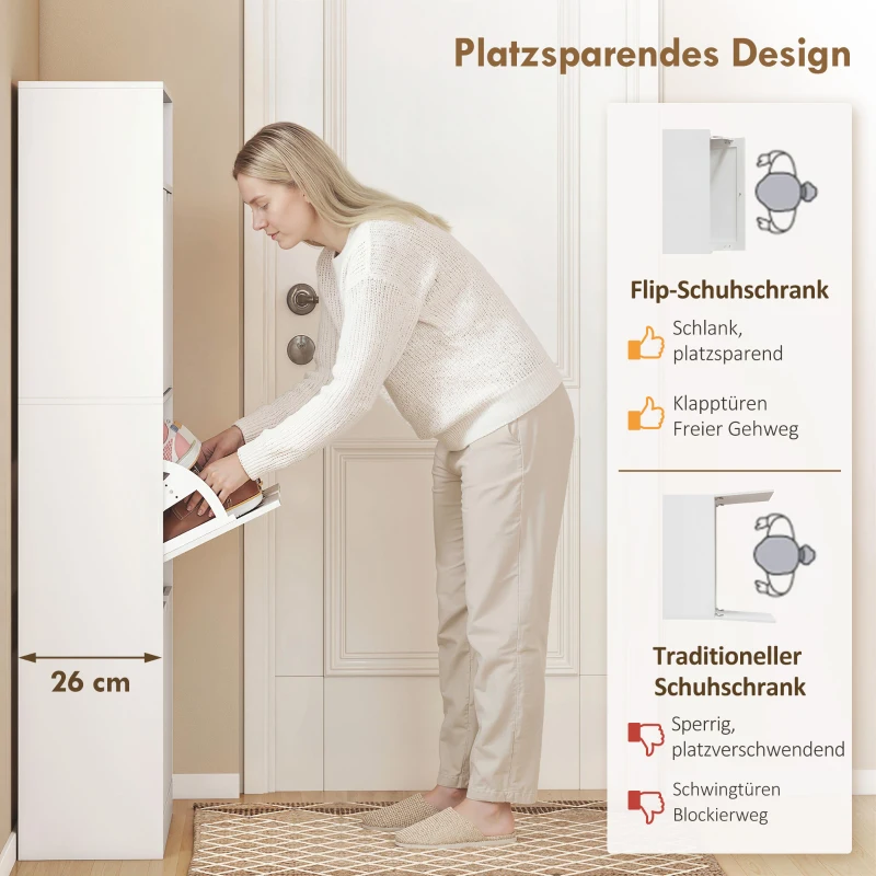HOMCOM Schmaler Schuhschrank mit 3 Klappfächern, Verstellbaren Einlegeböden und Offenem Fach, Platz für 12-18 Paare, Weiß