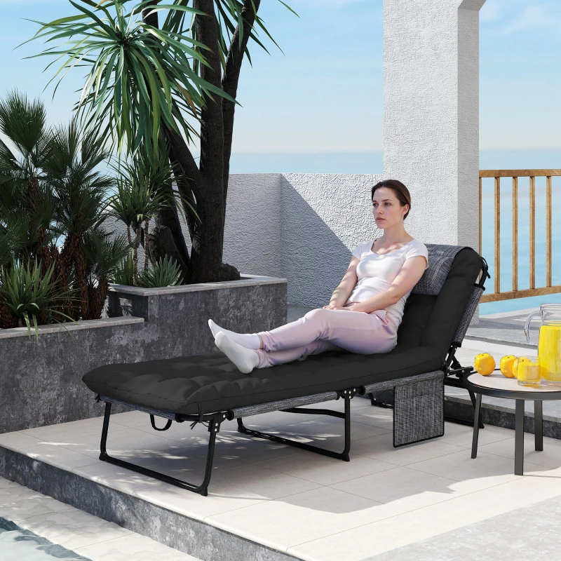Outsunny Chaise longue pliable avec coussin, transat avec dossier réglable 4 positions poche latérale Noir