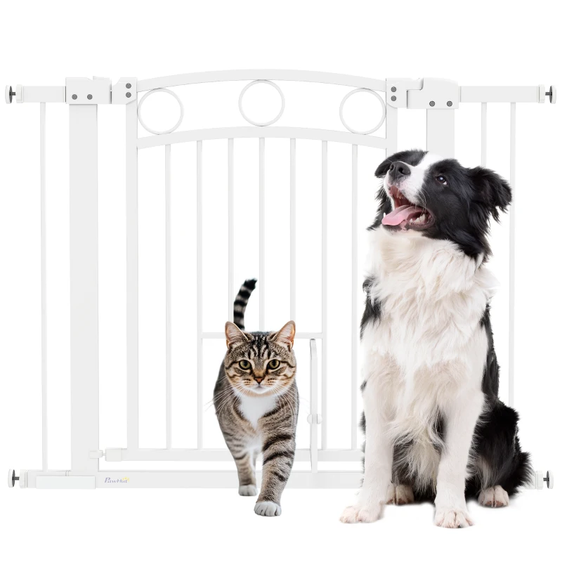 PawHut 77cm Tall Dog Gate with Cat Door, 7cm and 14cm Extensions, for Stairs & Doorways, 76-104cm Width
