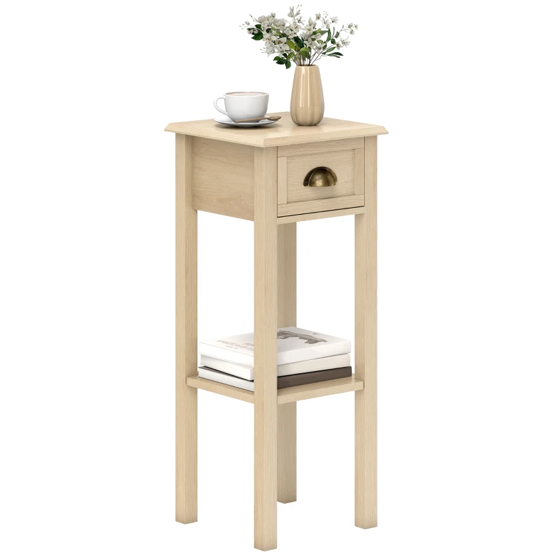 HOMCOM Tavolino Rustico con Cassetto e Mensola, per Soggiorno e Camera da Letto, 30x30x75 cm, Legno Naturale