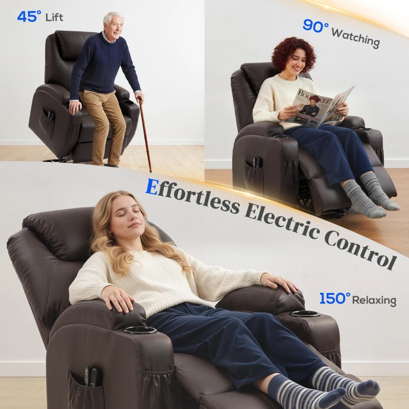 HOMCOM Fotel z funkcją podnoszenia, fotel relaksacyjny z pilotem, uchwytem na napoje, regulowanym oparciem, brązowy