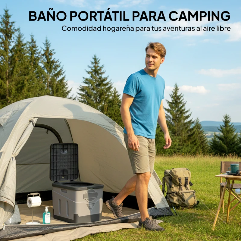 Outsunny Inodoro Portátil WC Portátil de PP con 12 Paquetes de Agente Solidificante y 12 Bolsas Carga 100kg Exterior Gris Oscuro