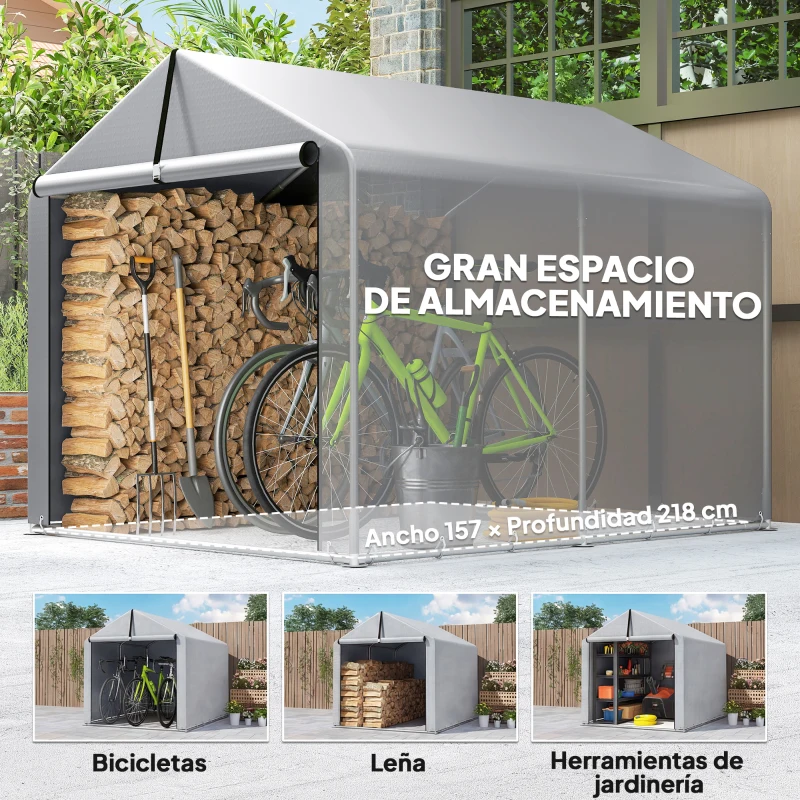 Outsunny Carpa de Jardín Exterior para Herramientas Bicicletas con Marco de Acero Galvanizado Puerta Enrollable Gris