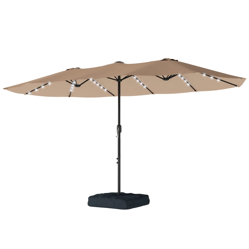 Outsunny Patio Umbrella Double-Sided Outdoor Umbrella with Solar Lights Base, Khaki