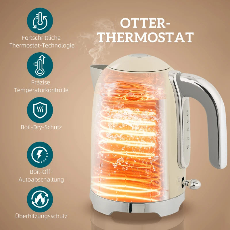 HOMCOM Wasserkocher- und Toaster-Set, 2200W, 7 Bräunungsstufen, versch. Funktionen, Creme