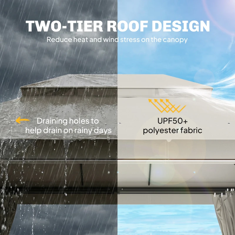 Outsunny 3 x 4 m Outdoor Garden Gazebo with Netting and Curtains, UPF50+ Patio Gazebo Permanent Pavilion Canopy, Beige