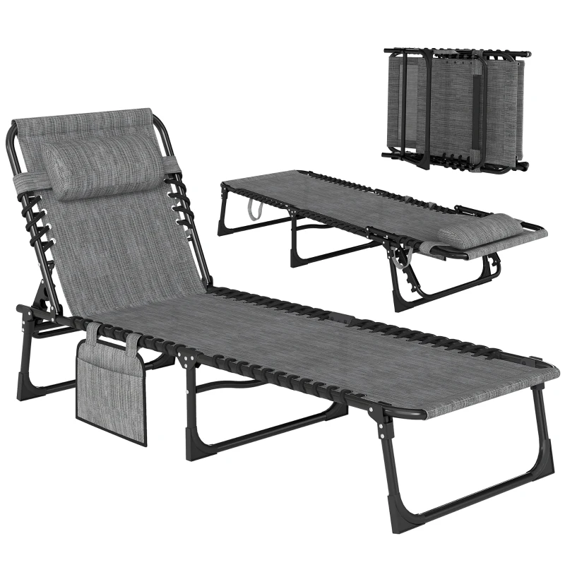 Outsunny Sdraio pieghevole con schienale regolabile e poggiatesta, 189x58x30 cm, Grigio
