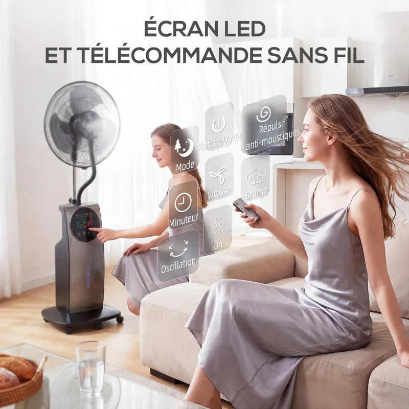 HOMCOM Ventilateur brumisateur 90W, ventilateur sur pied 138cm, 3 vitesses, 3 modes, ionisation négative, antimoustique, noir