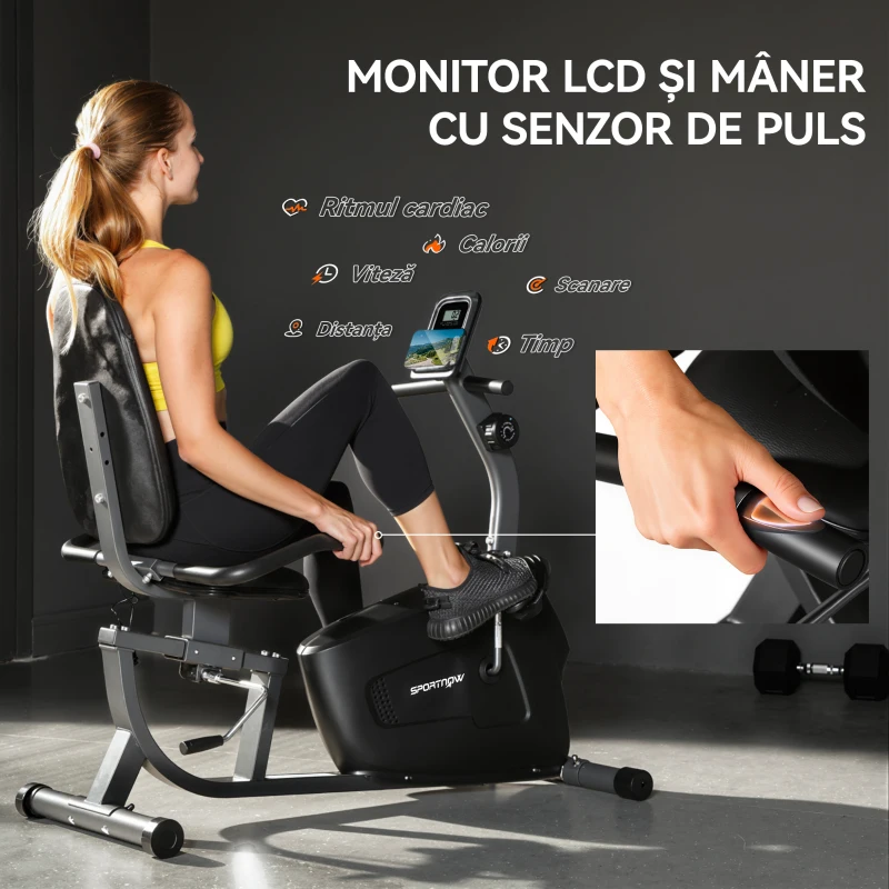 SPORTNOW Bicicletă de Fitness Acasă Recumbent cu 8 Niveluri de Rezistență Magnetică, Monitorizare Puls, Șa Reglabilă