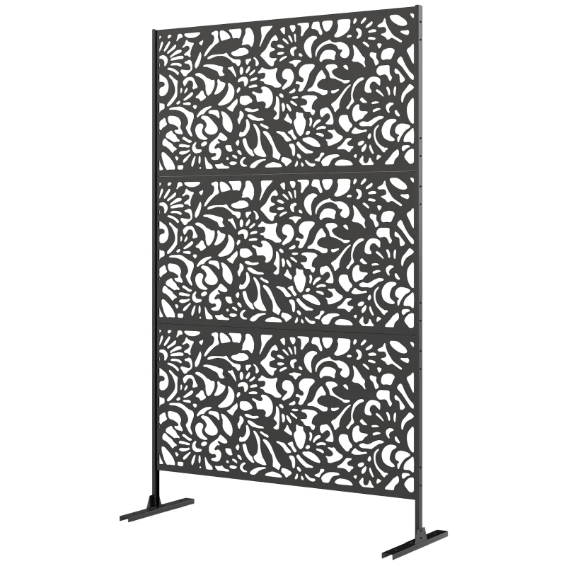 Outsunny Panou paravan decorativ exterior Claustra decorativă grădină 3 panouri cu model floral Oțel 122 x 45 x 198 cm Negru