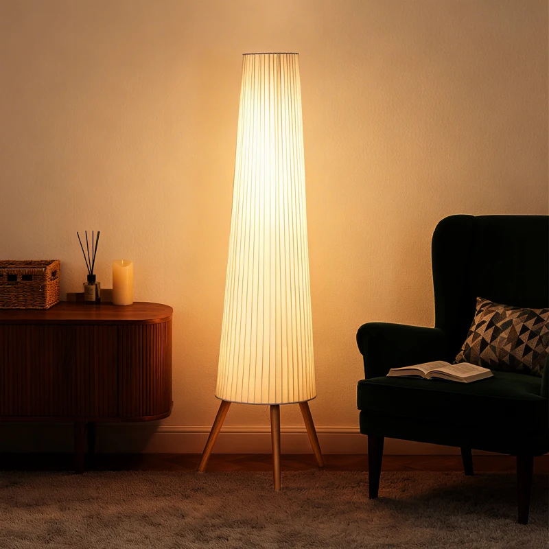 HOMCOM LED Stehlampe Wohnzimmer Dimmbar Holz mit Dreibein, Stehleuchte mit Fußschalter, 46 x 46 x 153 cm, Weiß