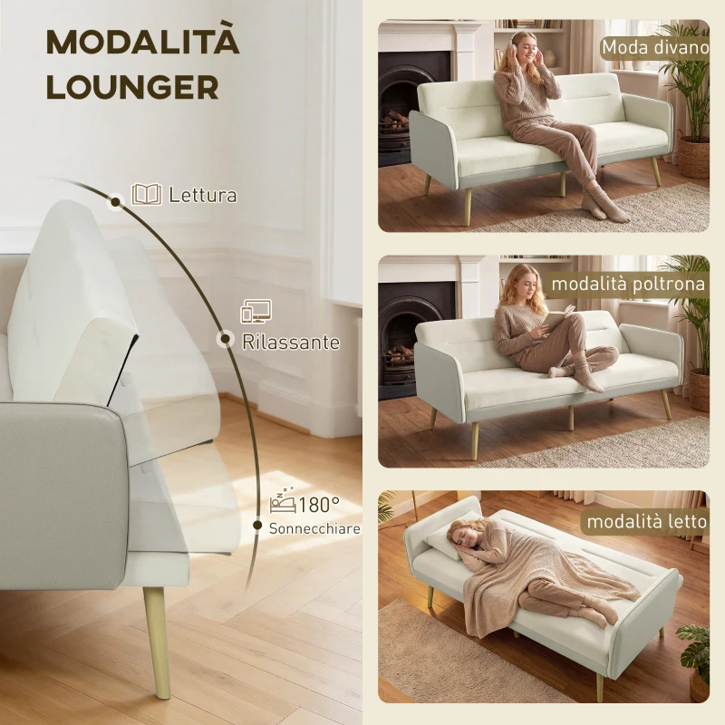 HOMCOM Divano Letto 3 Posti con Schienale Reclinabile e Rivestimento Effetto Velluto, 185x84x83 cm, Beige