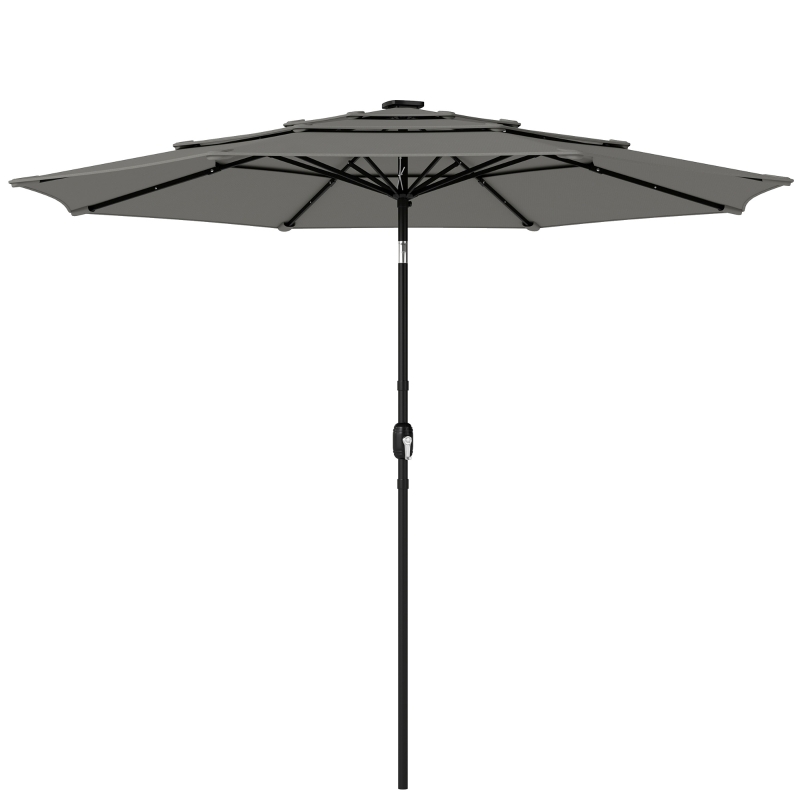Outsunny Garden Parasol, Parasol Umbrella with 3-tier Roof, Crank Handle, Tilt Function, Polyester Canopy, Grey