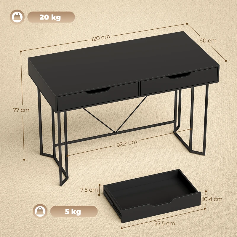 HOMCOM Petit bureau informatique avec 2 tiroirs, bureau avec grande surface de travail 120 x 60 x 77 cm Noir
