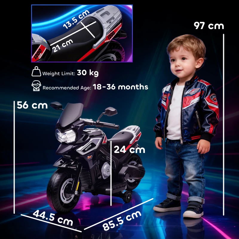 AIYAPLAY Moto Elettrica per Bambini 18-36 Mesi, Veicolo a Seduta con Rotelle, Luci e Musica, in Plastica e Acciaio, Nero