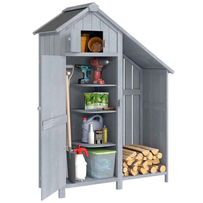 Outsunny Garden Outdoor Storage Shed 3 Shelves Tilt Roof w/ Firewood Rack Log Carrier, 129L x 51.5W x 180H cm