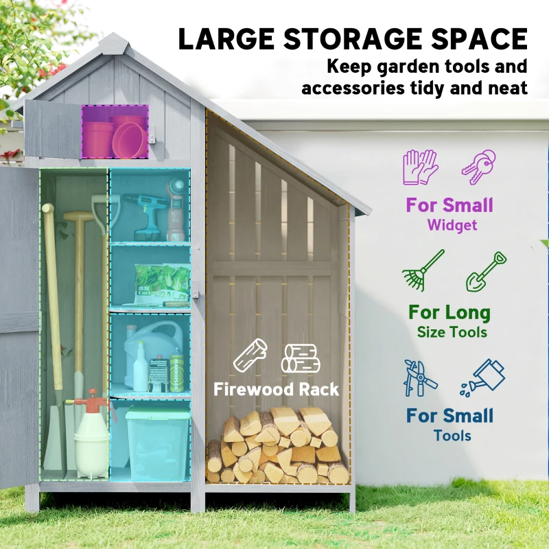 Outsunny Garden Outdoor Storage Shed 3 Shelves Tilt Roof w/ Firewood Rack Log Carrier, 129L x 51.5W x 180H cm