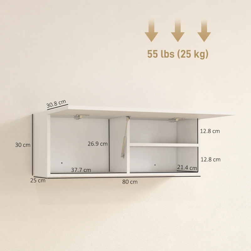 HOMCOM Armadio sospeso per bagno, mobile pensile contenitore con porta a cerniera, 80x25x30 cm, bianco