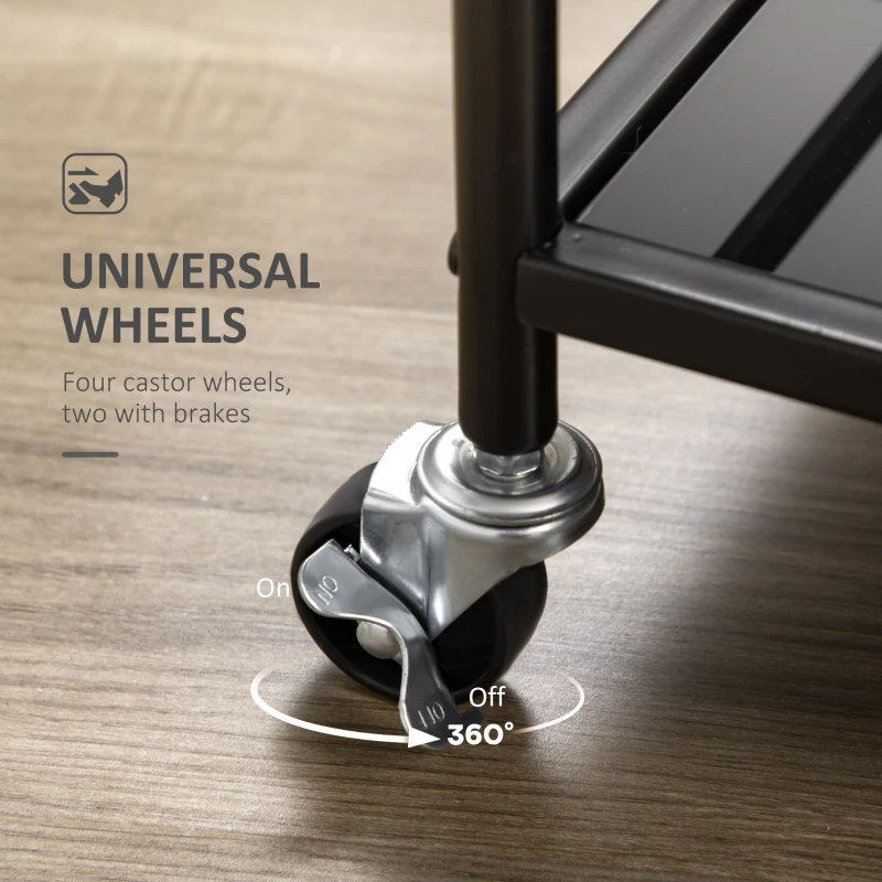 Wózek kuchenny HOMCOM z 4 kółkami, 2 półki i uchwytami, 75 cm x 40 cm x 80 cm, Czarny