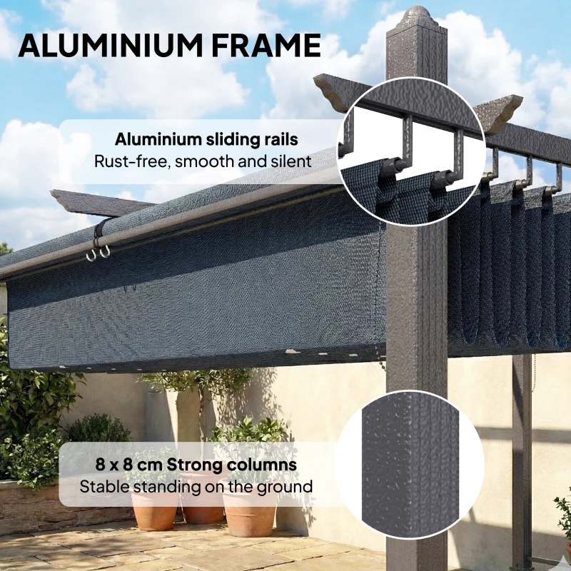 Outsunny 4 x 3 m Garden Pergola with Retractable Roof Canopy and Roll-Up Sides, Outdoor Gazebo Pergola Kit, Dark Grey