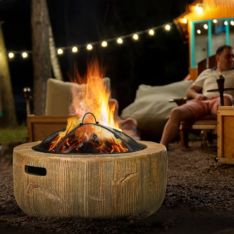 Outsunny Outdoor Fire Pit, 61.5 cm Metal Wood Burning Fireplace with Spark Cover, Poker, Woodgrain Design