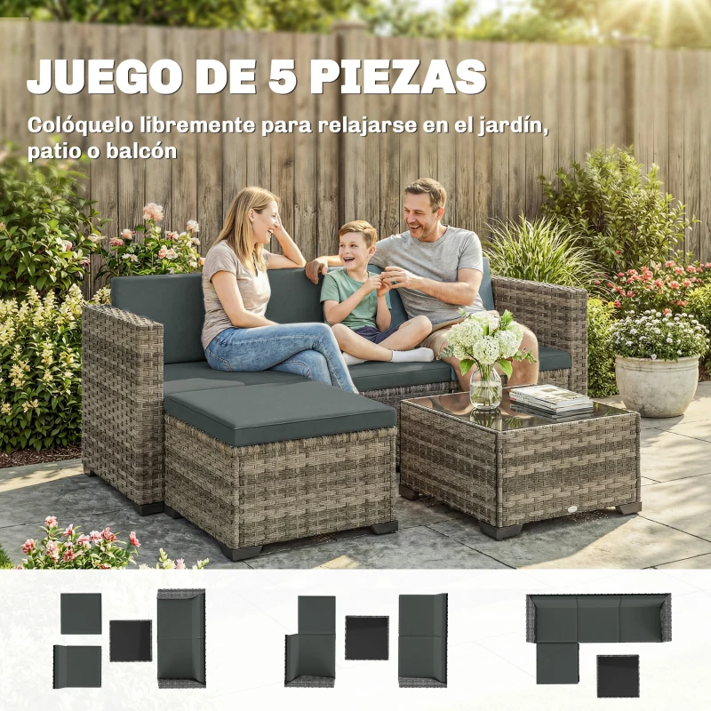 Outsunny Conjunto de Jardín Exterior de Ratán 5 Piezas con Cojines 2 Sillones de Esquina Sillón sin Brazos Reposapiés y Mesa