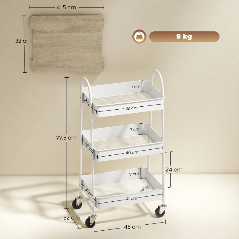 HOMCOM Carrito auxiliar de cocina, carrito de servicio de 3 niveles, bandeja superior, cestas, asas, 45 x 32 x 77,5 cm roble