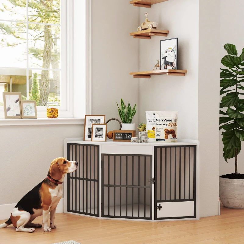 PawHut Jaula para perros, caja de estancia para perros pequeños y medianos, caseta para mascotas, puerta de alimentación, MDF, metal, blanco