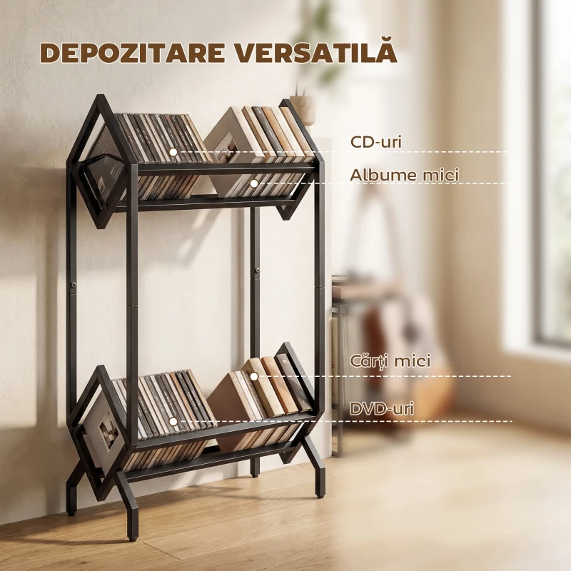 HOMCOM Organizator CD-uri pentru 50 CD-uri, Organizator Viniluri 2 Niveluri din Metal pentru DVD-uri, Cărți, Albume, Negru
