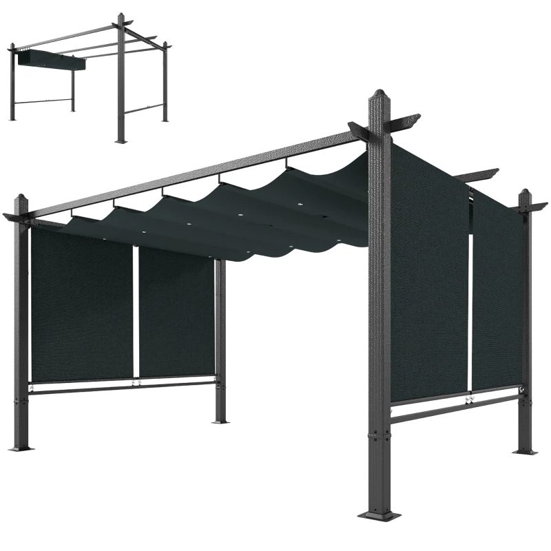 Outsunny 4 x 3 m Garden Pergola with Retractable Roof Canopy and Roll-Up Sides, Outdoor Gazebo Pergola Kit, Dark Grey