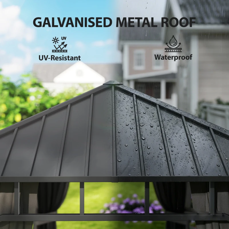 Outsunny 2 x 3.5 m Hardtop Gazebo with Galvanised Steel Roof, Waterproof Permanent Pavilion Garden Gazebo with Netting and Curtains for Patio, Deck, Dark Grey