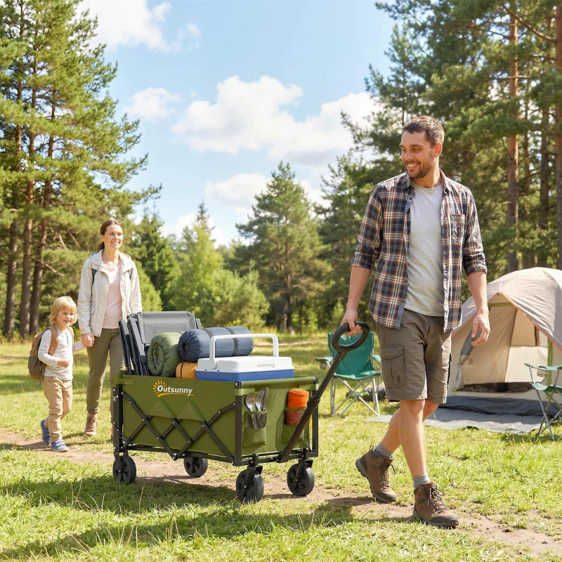 Outsunny 80L Foldable Festival Trolley on Wheels, Collapsible Wagon Cart with Drop-Down Tailgate, Adjustable Handle, Green