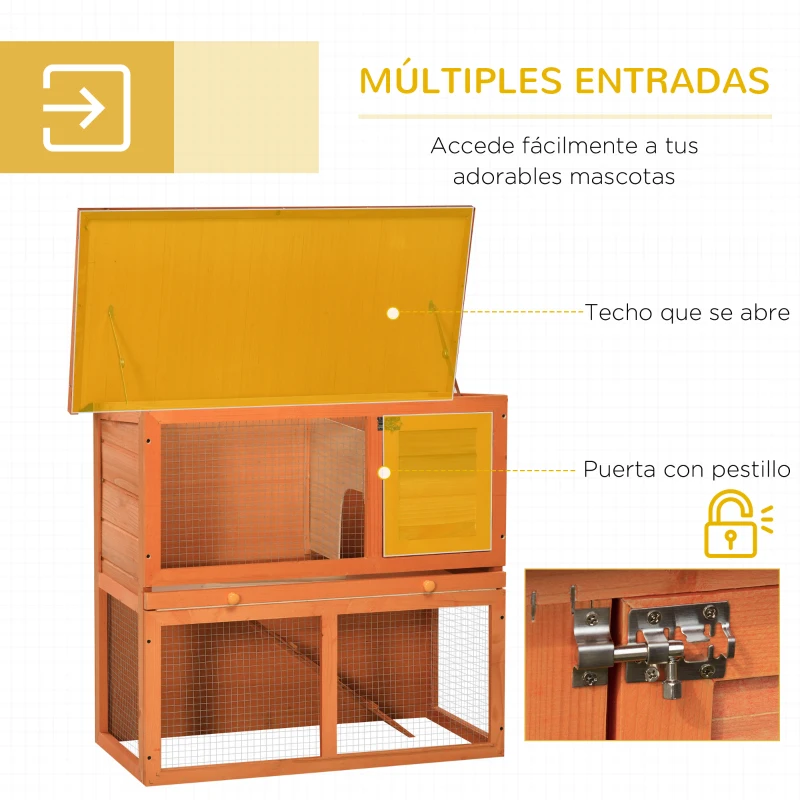 PawHut Conejera de Madera 90x45x80 cm Jaula para Conejos Jaula para Cobaya con Corral de Metal Techo Asfáltico Bandeja Extraíble y Rampa para Exterior Natural